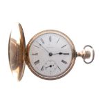 Gold-plated full hunter cased pocket watch by Waltham, in Keystone case