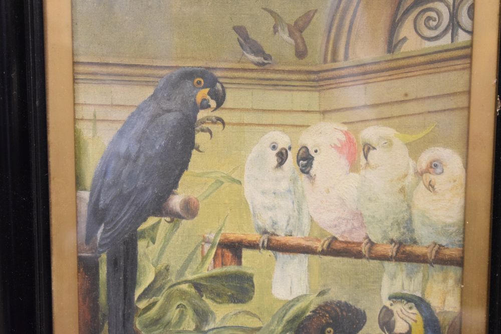 L.E. Davies (early 20th Century) - Oil on canvas - Aviary scene with blue parrots, parakeets, - Image 4 of 9