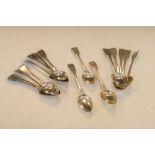 Collection of silver Fiddle pattern teaspoons to include; a set of eight, London 1806, set of