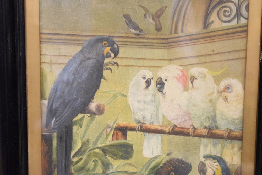 L.E. Davies (early 20th Century) - Oil on canvas - Aviary scene with blue parrots, parakeets, - Image 3 of 9