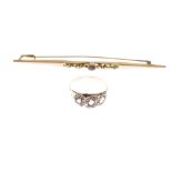 Murrle Bennett & Co - Yellow metal bar brooch set with seed pearls and amethyst-coloured stone,