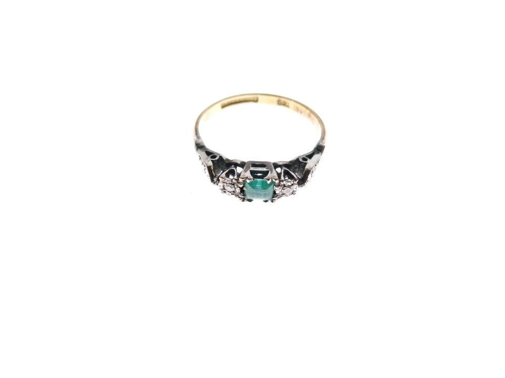 Yellow metal, platinum, emerald and diamond dress ring, shank stamped 18ct & Plat, size M, 2.4g