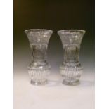 Pair of good quality cut glass vases having band of engraved floral decoration, unmarked, 35.5cm