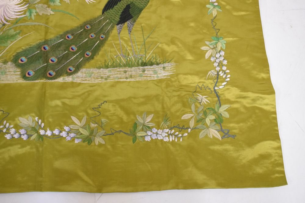 Oriental embroidered silk panel of peacock and butterflies against an olive green background, 95cm x - Image 2 of 5