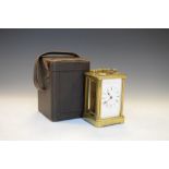 Late 19th/early 20th Century brass-cased carriage timepiece, 11cm high excluding handle, in fitted