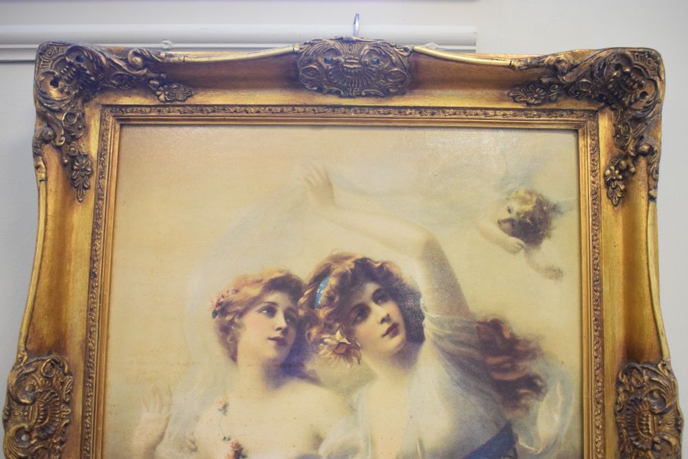 Coloured print of two maidens, framed, 59.5cm x 49cm - Image 4 of 4