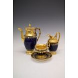 19th Century French porcelain coffee pot, milk jug, cup and saucer, each with mazarin blue and