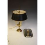 Brass student's lamp with painted metal shade, 52cm high, and a bevelled glass girandole mirror (2)