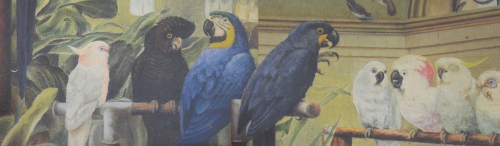 L.E. Davies (early 20th Century) - Oil on canvas - Aviary scene with blue parrots, parakeets, - Image 9 of 9