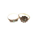 Yellow metal and green stone cluster ring stamped 18ct, size N, together with an unmarked yellow