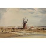 Leslie H Moore RI - Pair of watercolours - Norfolk windmills, signed, 37cm x 55.5cm and 36cm x 54cm,