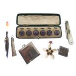 Cased set of six silver and enamel collar studs, Masonic fob pendant, silver stamp case and compact,