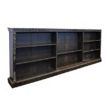 Large Victorian ebonised and gilt metal-mounted open bookcase, having three banks of adjustable