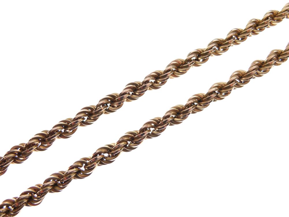 Yellow metal rope-link necklace stamped 9k, 56cm long, 30.2g approx