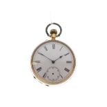 Yellow metal open face pocket watch, case stamped 18k, 44mm diameter, 73.9g gross approx