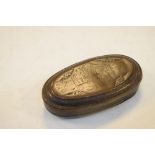 18th/19th Century oval brass engraved tobacco tin having hinged cover with steel flint and tinder