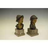Pair of early 20th Century bronzed busts by De Martino, each on stepped marble base, 23cm high (2)