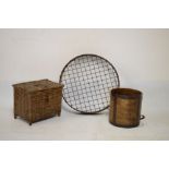 Victorian half bushel having metal handles, a beech framed garden sieve and a wicker fishing