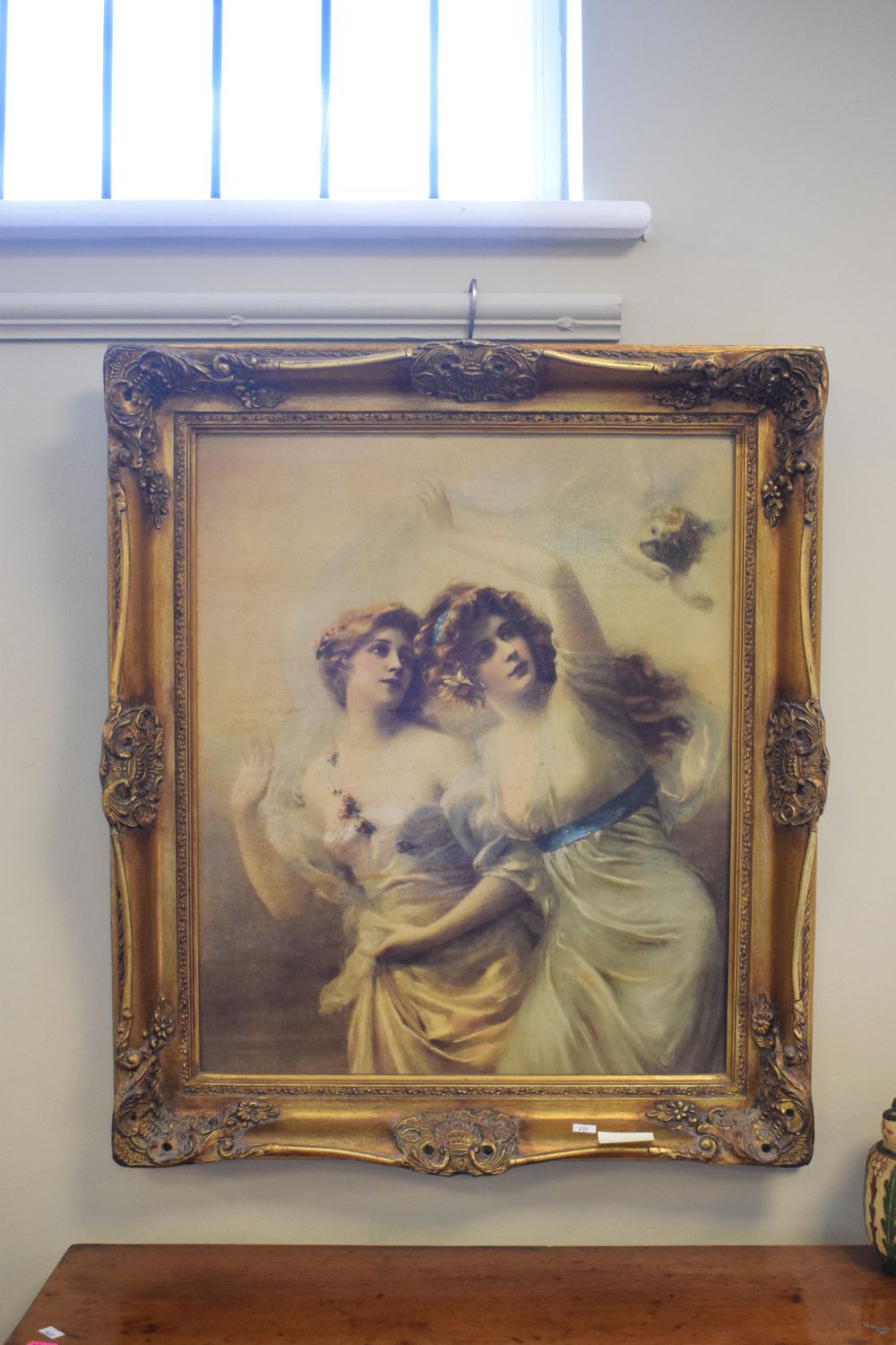 Coloured print of two maidens, framed, 59.5cm x 49cm - Image 2 of 4