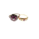 18ct gold, ruby and diamond three-stone ring, size M½, together with an unmarked yellow metal,