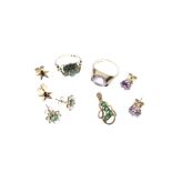 Assorted 9ct gold and yellow metal jewellery to include; purple and green stone rings, ear studs,