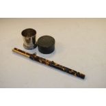Oriental tortoiseshell and ivory chopstick set and a silver plated collapsible hunting beaker in