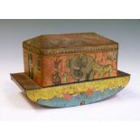 Unusual early 20th Century Noah's Ark tin plate biscuit tin with simulated brick work and animal