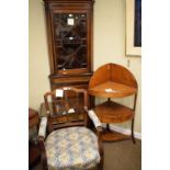 Early 20th Century floor standing corner display cabinet, corner washstand, a mahogany and brass