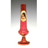 Late 19th Century Bohemian overlay cranberry glass vase, of cylindrical form having a raised oval