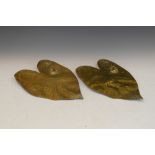 Pair of brass lily pad ornaments, each with small frog in relief, each 26.5cm long, with