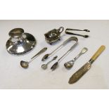 Assorted small silver to include; George V silver capstan inkwell, two pairs of sugar tongs, mustard