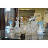 Assorted glassware to include a pair of opaque blue glass Jack in the Pulpit vases, biscuit
