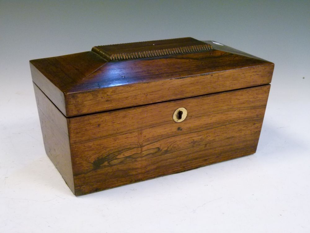 19th Century rosewood sarcophagus tea caddy enclosing two rectangular canisters and glass blending