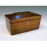 19th Century rosewood sarcophagus tea caddy enclosing two rectangular canisters and glass blending