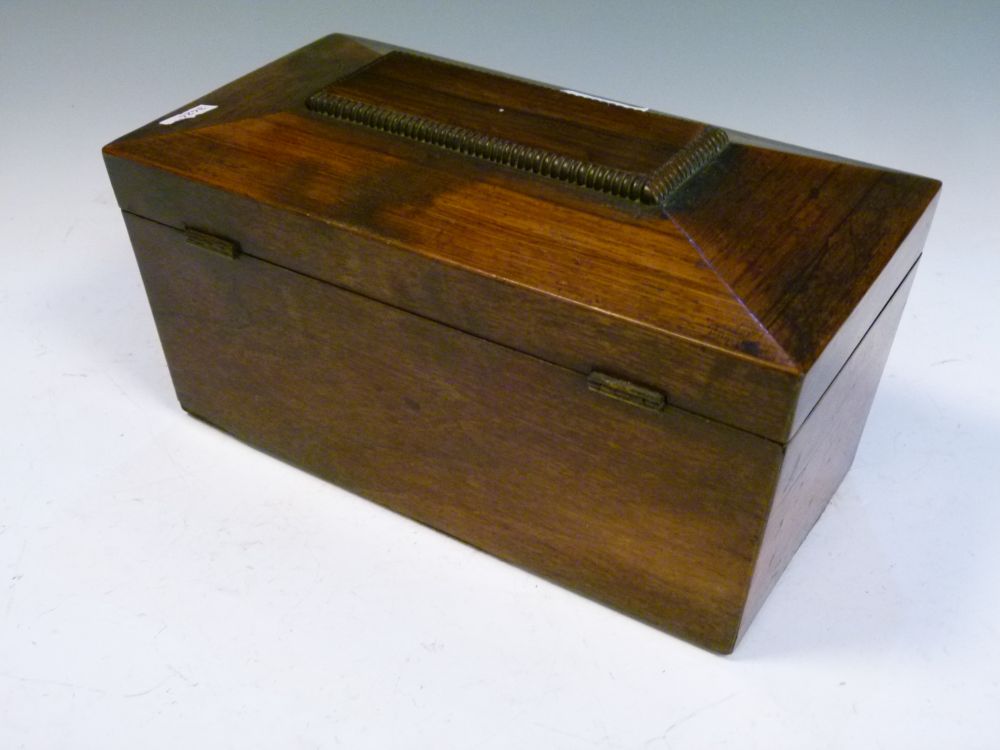 19th Century rosewood sarcophagus tea caddy enclosing two rectangular canisters and glass blending - Image 6 of 6