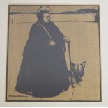 After William Nicholson - Woodcut print of Queen Victoria with her dog, 23.5cm x 22cm