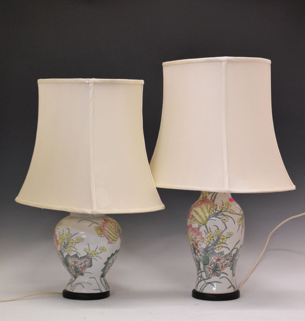 Two matching Oriental-style porcelain table lamps, largest 70cm high including shade (2)