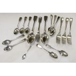 Assorted silver flatware to include; two 19th Century Fiddle pattern serving spoons, three Old