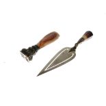 Victorian agate-handled desk seal, together with a similar trowel-form bookmark, the seal 5.5cm long