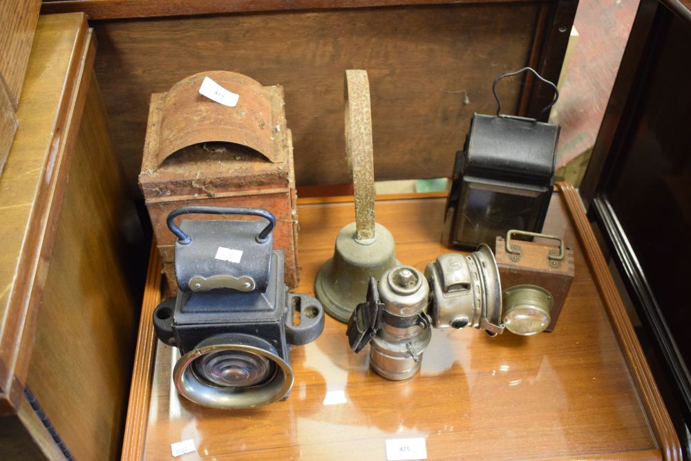 Collection of vintage lamps and lanterns to include railway-type hand lantern, Miller carbide-type