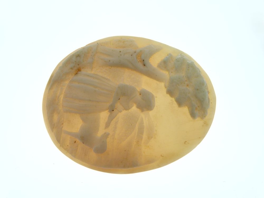 Two gilt metal shell cameo brooches, each depicting figures in landscapes, the larger 48mm x 35mm - Image 2 of 10