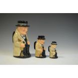 Three Winston Churchill Royal Doulton toby jugs, large, medium and small sizes, D6171, D6172, and