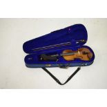 'Stentor' student violin, three quarter size, 55cm long, in fitted case with bow and other
