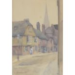 O.G. Pye-Smith - Watercolour - Street scene with church spire in the distance, signed lower left,