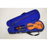 'Stentor' student violin, three quarter size, 57cm long, in fitted case with bow and other