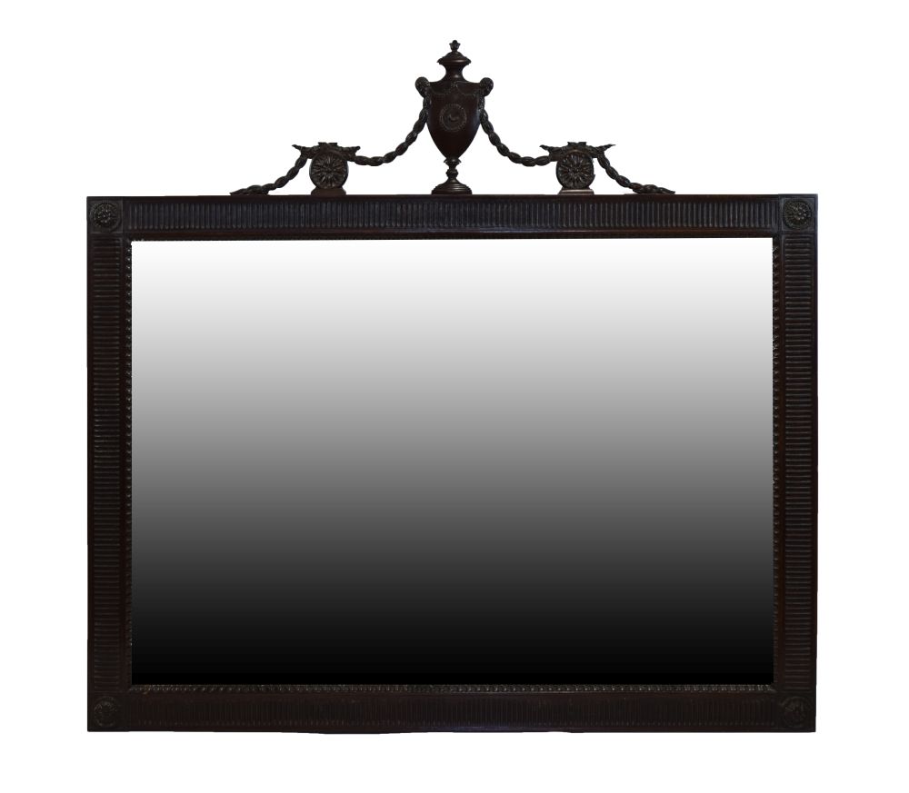 20th Century Adam Revival mahogany overmantel mirror, the plain rectangular plate within fluted