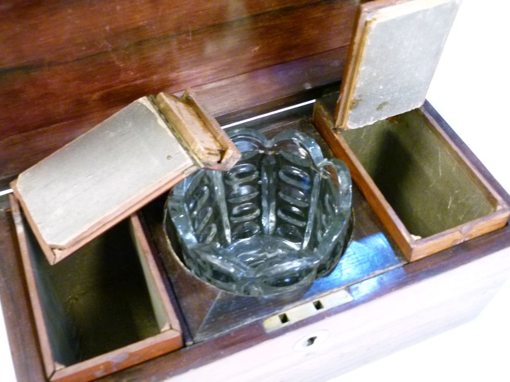 19th Century rosewood sarcophagus tea caddy enclosing two rectangular canisters and glass blending - Image 4 of 6