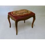 Continental rectangular dressing table stool having gilt metal mounts, raised on cabriole