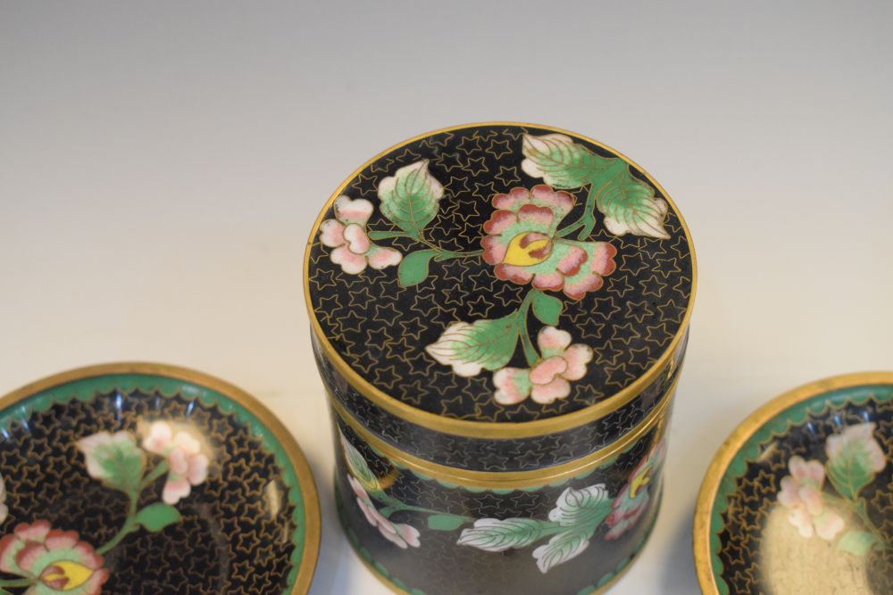 20th Century cloisonné cylindrical pot, lozenge-shaped pot and two dishes, the first 8cm high (4) - Image 4 of 5