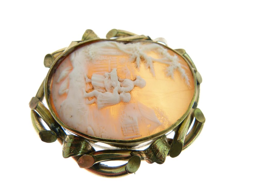 Two gilt metal shell cameo brooches, each depicting figures in landscapes, the larger 48mm x 35mm - Image 7 of 10